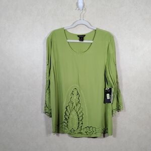 03158 Multiples green lace trim 3/4 sleeve blouse XL NWT